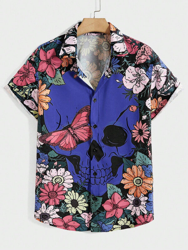 قميص هاواى جمجمة مطبوع بالأزهار قميص رجالى بأكمام قصيرة