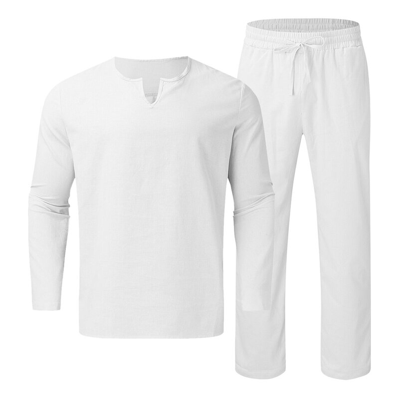 Transpirable en este conjunto de 2 piezas para hombre, camisa Henley de manga larga y pantalones de playa, algodón y lino, blanco, negro y azul