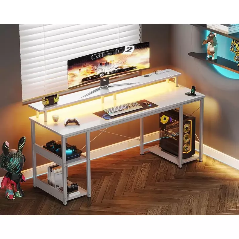 63-Zoll-Computertisch mit Steckdosen und LED-Leuchten, Gaming-Schreibtisch mit Monitorst änder und Aufbewahrung boxen, Home-Office-Schreibtisch