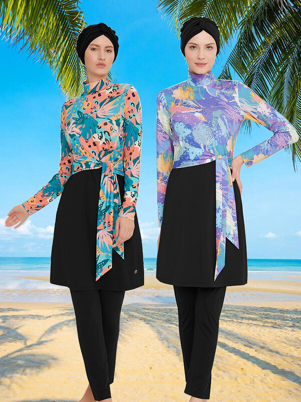3PCS Pre-design Muslim Burkinis Swimwear Islamic Printed Swimsuits Holiday Beach Women Girls Full Cover Modest Islamic Sets