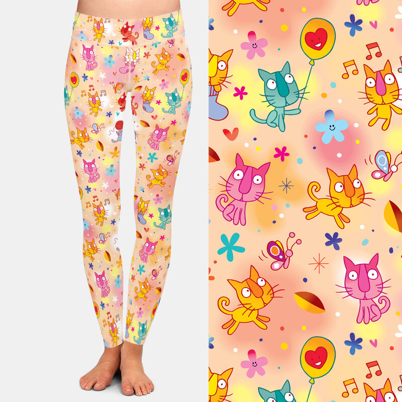 LETSFIND wysokie elastyczne legginsy Fitness koty kreskówki kwiatowe elementy muzyczne druk cyfrowy spodnie dziewczęce pełne legginsy damskie