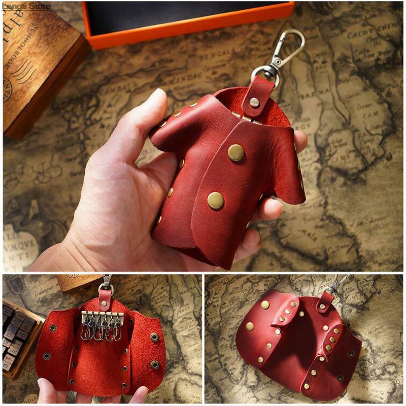 Vintage Crazy Horse Pakaian kulit, gantungan kunci mobil desain gantungan kunci tas pria wanita liontin perhiasan