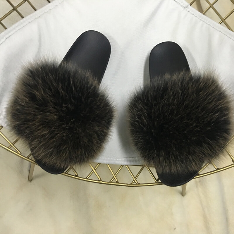 Summer Fox Fur Slides Fluffy Women Designer Luxury Cute Plush Real Fur Slippers Female Furry Sandals Home Flats Wholesale