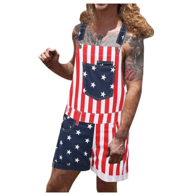 Summer American Flag Men's Jumpsuits Star Printed Women's Jeans Overalls Casual Light Weight Surpender Shorts Trousers