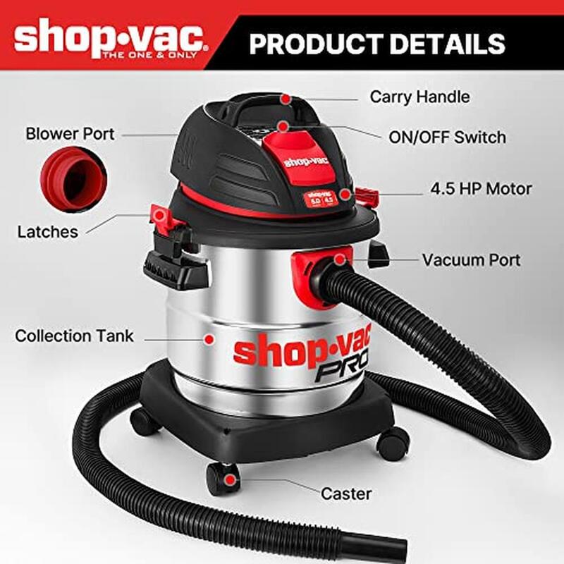 5 Gallon Stainless Steel Tank Wet/Dry Vacuum Portable with Filter Hose and Accessories Powerful 4.5 HP Peak Performance Garage