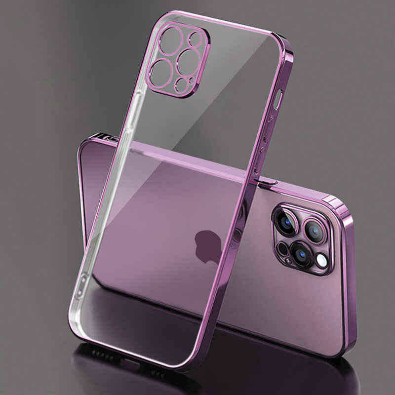 Luxury Plating Transparent Case For iPhone 11 12 13 14 Pro Max Square Frame Silicone X XR XS Max 8 7 Plus Clear Back Cover Case