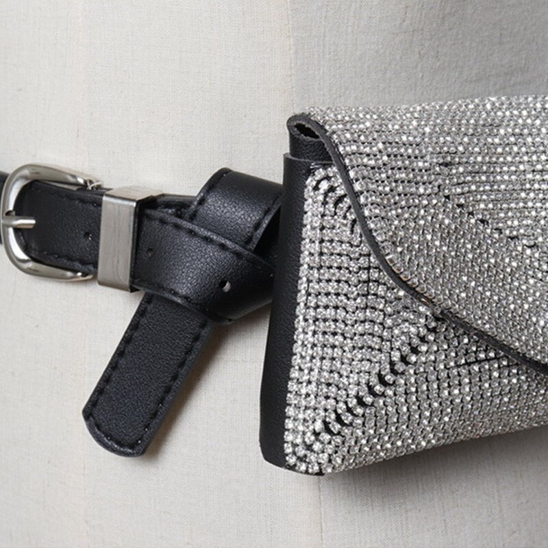 Tas pinggang berlian, tas pinggang praktis dapat dilepas kristal, tas sabuk mode baru wanita, tas telepon, sabuk kulit