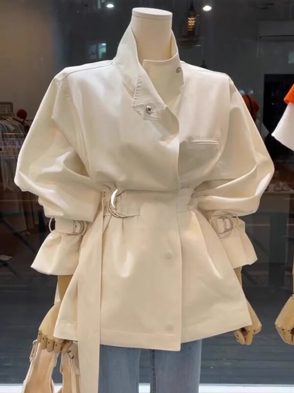 American Retro Stand Collar Mid-Length Trench Coat for Women Spring and Autumn New Solid Color Waist Tight Long Sleeve Coat