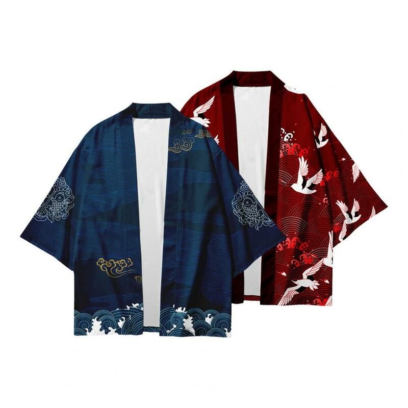 Quimono estilo tradicional japonês masculino, top solto, cardigã com estampa de pássaros, três para o dia a dia, roupa japonesa