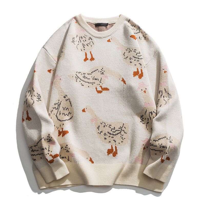 2023 nowy Harajuku Casual O-neck duży Top Streetwear japoński sweter z dzianiny mężczyzn Cartoon zwierząt kaczka gęsi nadrukowany sweter