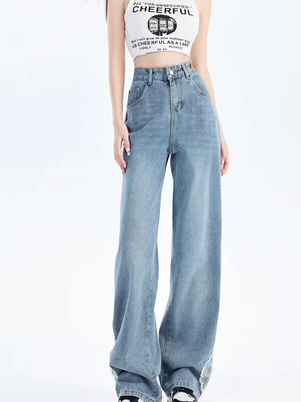 Jeans jeans reto feminino, cintura alta, estilo chique diário, moda casual que combina com tudo, criatividade, bordado, estilo chinês, primavera
