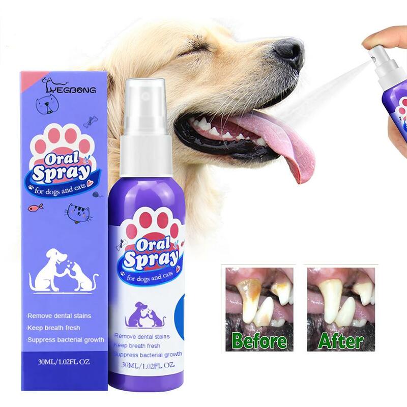 Semprotan Oral hewan peliharaan 30ml, semprotan pembersih gigi anjing pasokan hewan peliharaan penghilang bau plak perawatan hewan peliharaan H5M7