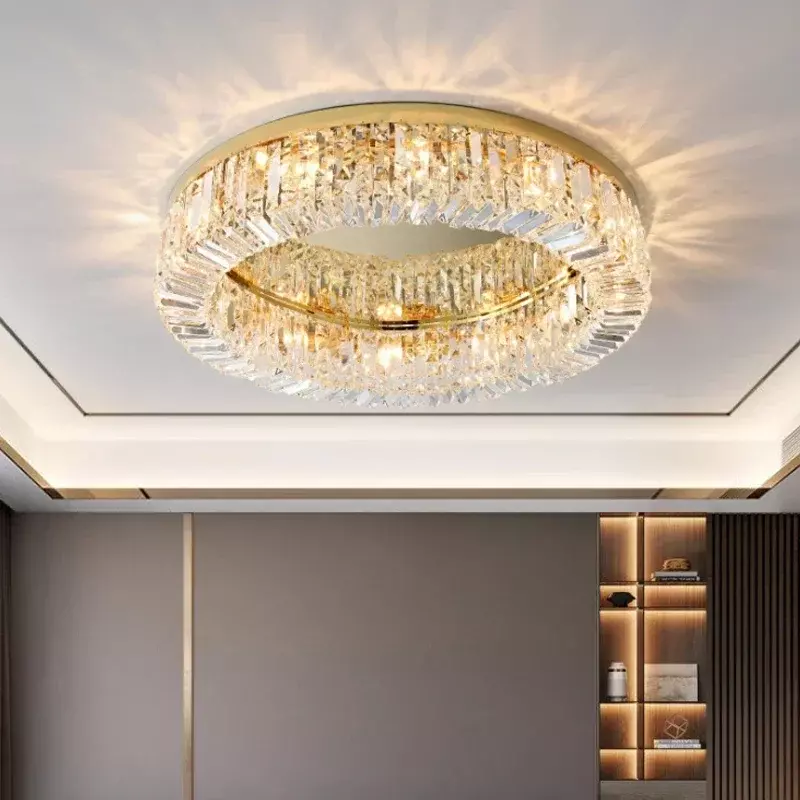Lampu gantung kristal Led Modern, lampu langit-langit emas bulat ruang makan ruang tamu, dekorasi rumah