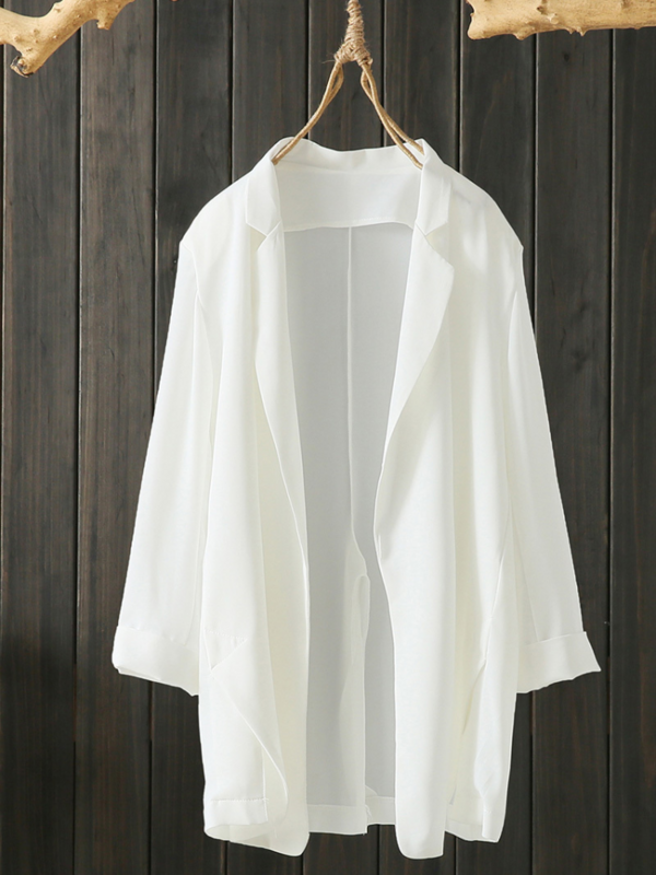Oversized solto chiffon feminino blazers verão novo 2022 sólido bolso branco leve senhora do escritório outwear casacos topos