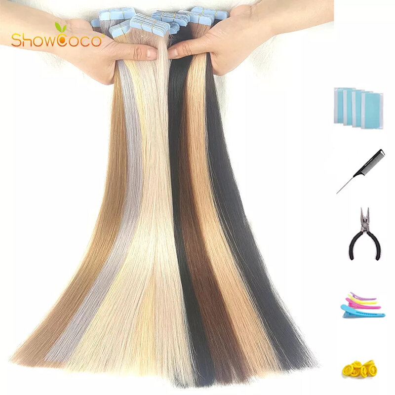 ShowCoco-Cinta adhesiva reemplazable para extensiones de cabello humano, 100% cabello humano, 12-24 pulgadas, 20/40 piezas