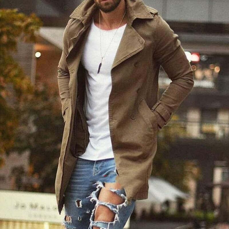 Męski trencz stylowy męski Slim Fit do połowy długości klapy płaszcz z kieszeniami wiatroszczelna, oddychająca kurtka Streetwear na jesień Plus