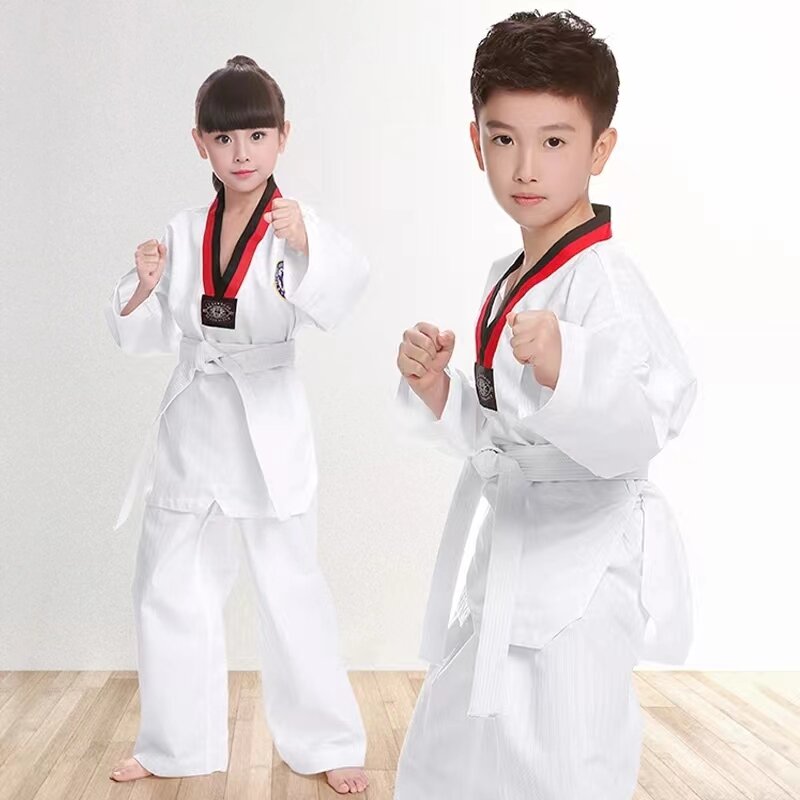 2023 Unisex Tkd Kostuums Kleding Witte Lange Mouw Taekwondo Uniform Wtf Karate Judo Dobok Suituit Kinderen Volwassen Gi Uniforms