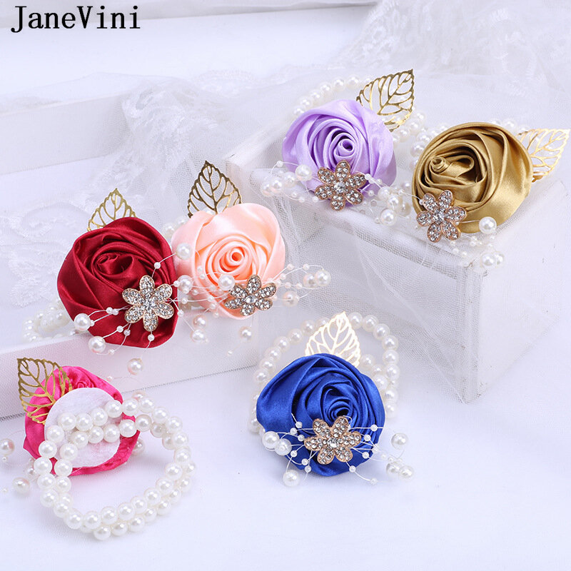 JaneVini – Bracelet de poignet rose perlé à fleurs, pour mariée, demoiselle d'honneur, sœurs de la mariée, Corsage, invités de fête
