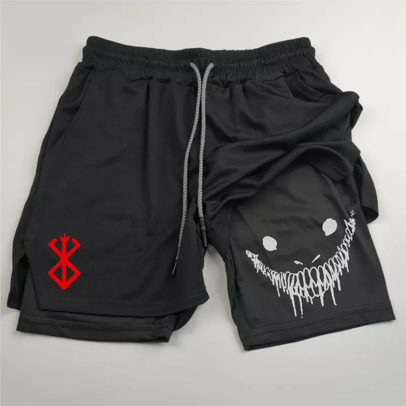 Anime Berserk Running Shorts Men Fitness Gym Training 2 in 1 Sports Shorts Quick Dry Workout Jogging Double Deck Summer