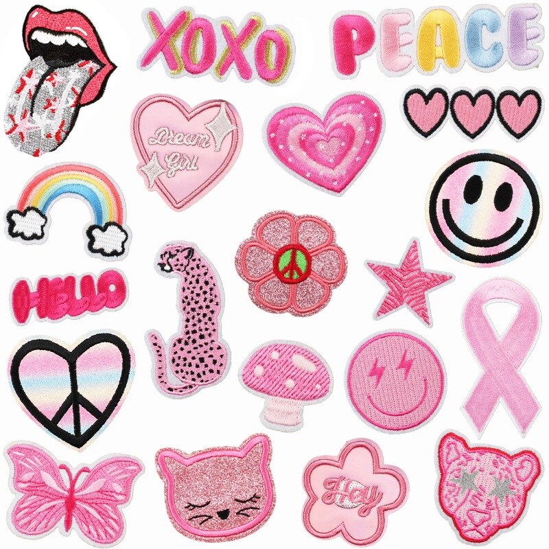 Hot DIY Fast Iron on Badge Pink Cheetah Mixed Embroider Patch for Clothing Bag Hat Pants Jean Fabric Sticker Smile Love Label