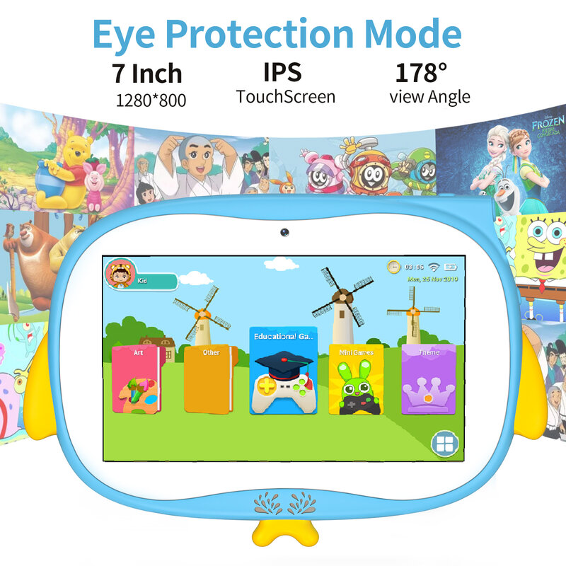 Tablette pour enfants Ati Enanbones, 7 pouces, Android 2024, 4 Go, 64 Go, Façades, Core, WiFi, Google Play, Enfants en hébreu, Enfants, 9.0 mAh, Nouveau, 4000
