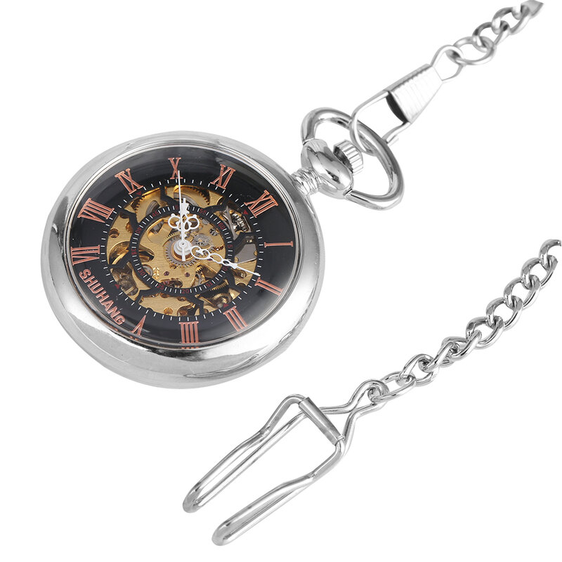 Rose Gold numerais romanos Dial elegante mão mecânica enrolamento Pocket Watch polimento prata pingente antigo elegante relógio de bolso