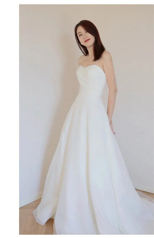 Vestido de novia de gasa sin mangas para mujer, barco y sin tirantes con cuello traje sencillo, con cola de barrido, 2024