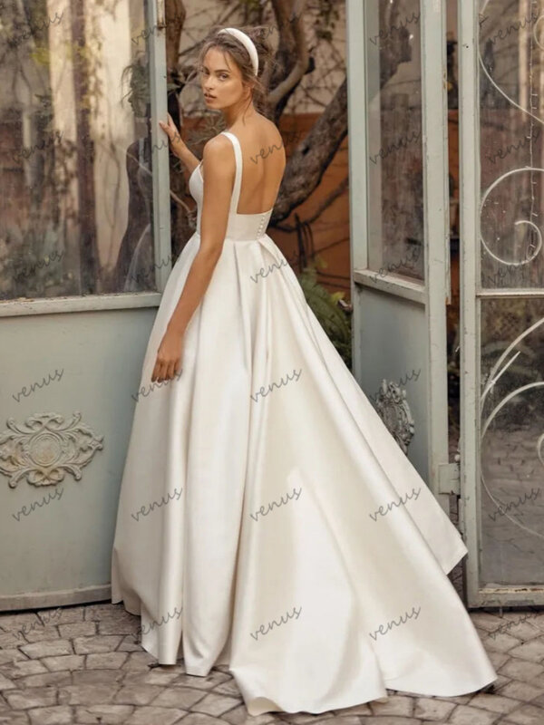 Charming Wedding Dresses A-Line Satin Bridal Gowns Spaghetti Straps Sexy Backless Sleeveless Robes Elegant Vestidos De Novia