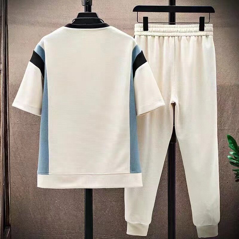 024 Summer New Men's Youth Set Short Sleeve+Long Pants Two piece Breathable Casual Fashion Ice Cool Waffle Sportswear Set