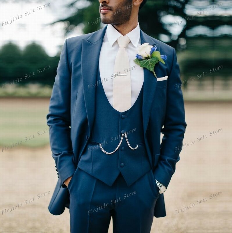 Traje azul marino para hombre, conjunto de 3 piezas, chaqueta de esmoquin, chaleco y pantalones, para fiesta de boda y graduación