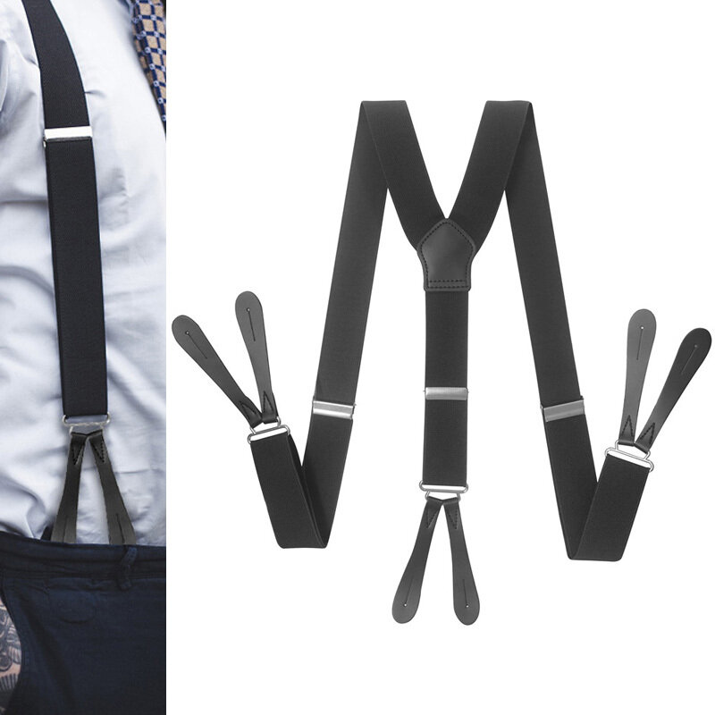 Suspensórios longos de couro PU para homens, suspensórios em Y preto ajustável masculino e feminino, pulseira de calças vintage britânicas 125cm