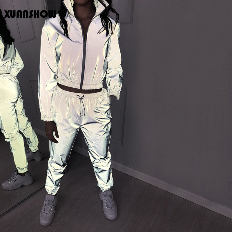 XUANSHOW-conjunto cortavientos reflectante para mujer, traje de dos piezas, chaqueta informal, abrigo, ropa ligera nocturna, pantalón largo, 2022