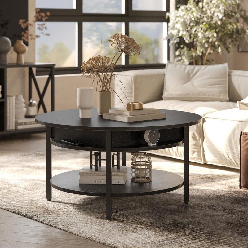 Round Lift Top Coffee Table With Storage and Hidden Compartment 26.77'' Farmhouse Coffee Table for Living Room Reception Room