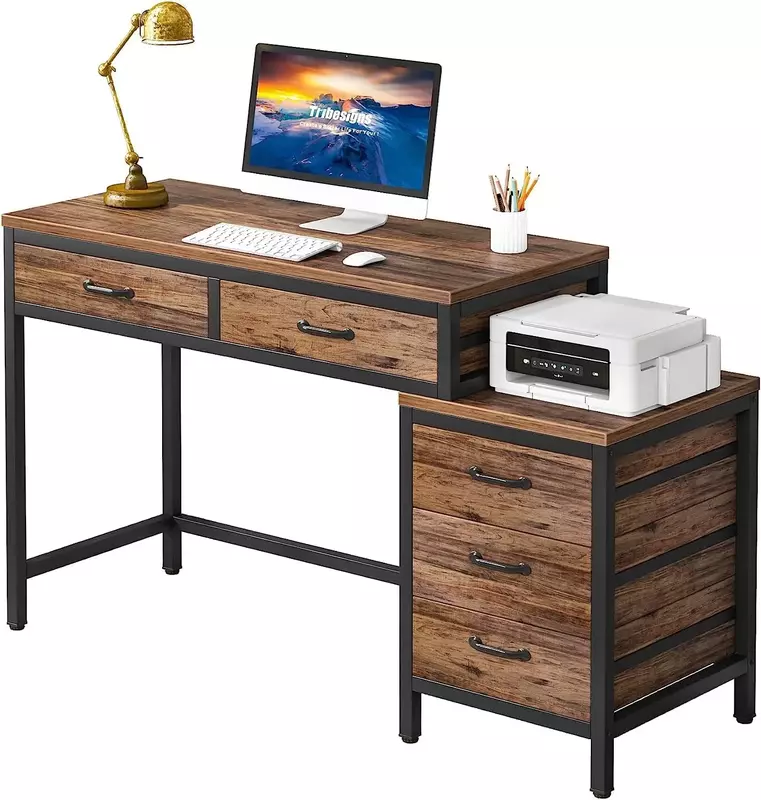 Computer tisch mit 5 Schubladen, Home-Office-Schreibtische mit reversiblem Schubladen schrank Druckerst änder, industrieller PC-Schreibtisch mit Stauraum