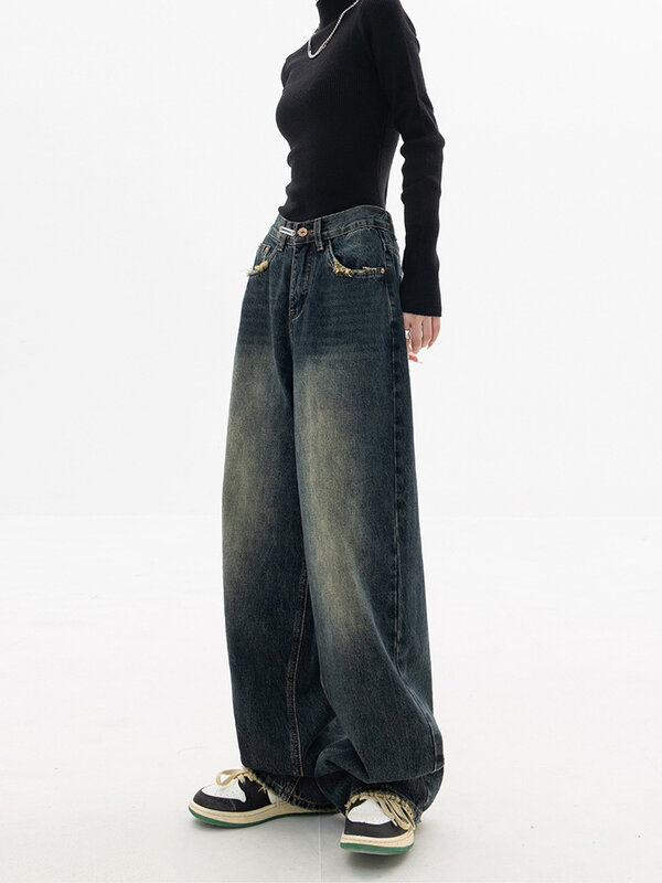 Jean taille haute pour femme, style Harajuku, streetwear vintage, tout match, denim à jambes larges, mode 2023