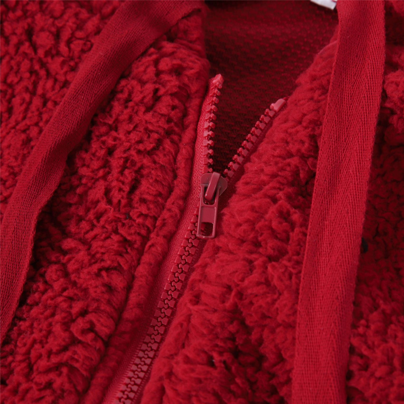 Mantel kasual wanita, jaket saku garis leher bulu tebal, topi penahan warna longgar modis, XL merah anggur