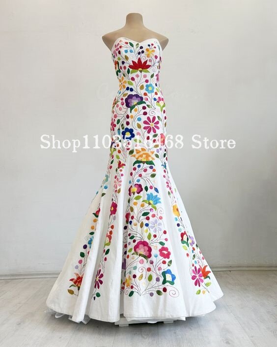Floral Embroidered Mexican Wedding Dress 2024 For Women Sweetheart Neck Sleeveless White Silk Mermaid Bridal Gown فساتين طويلة