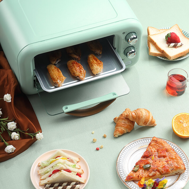 KONKA-horno eléctrico para hornear, tostador pequeño multifuncional para 1-3 personas, Pizza, pan, barbacoa, cocina verde, 12L, 800W