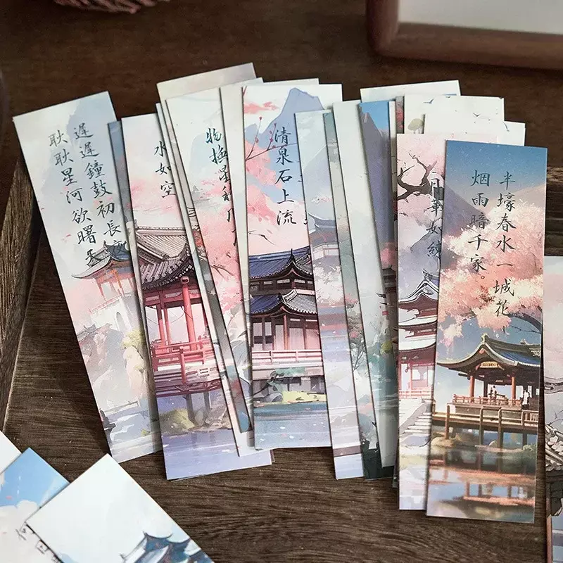 30 lembar/kotak Bookmark gaya Cina Retro Bookmark Anime Vintage Aesthetic Flroal istana Bookmark untuk buku Beauty Scenary Bookmark