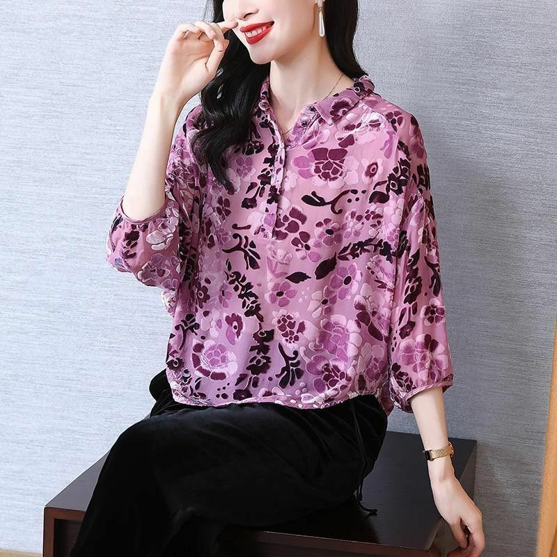 Women's Clothing 3/4 Sleeve Shirt Vintage Fashion Jacquard Weave Irregular Spring Summer Loose Turn-down Collar Button Blouse