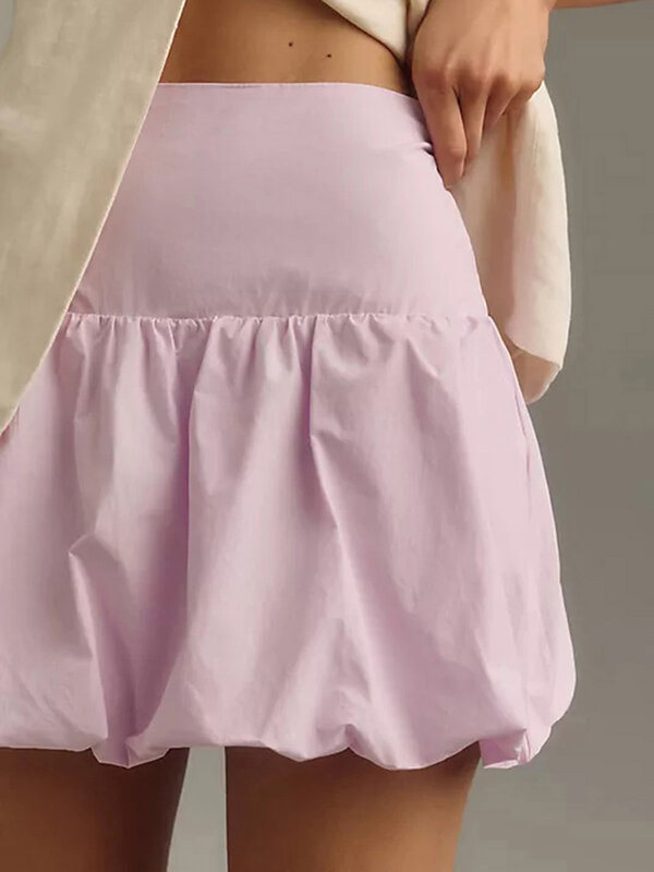 Rok wanita Mini gelembung ungu, rok wanita baru dengan pinggang elastis A-Line bola gelembung cocok untuk pesta dan klub