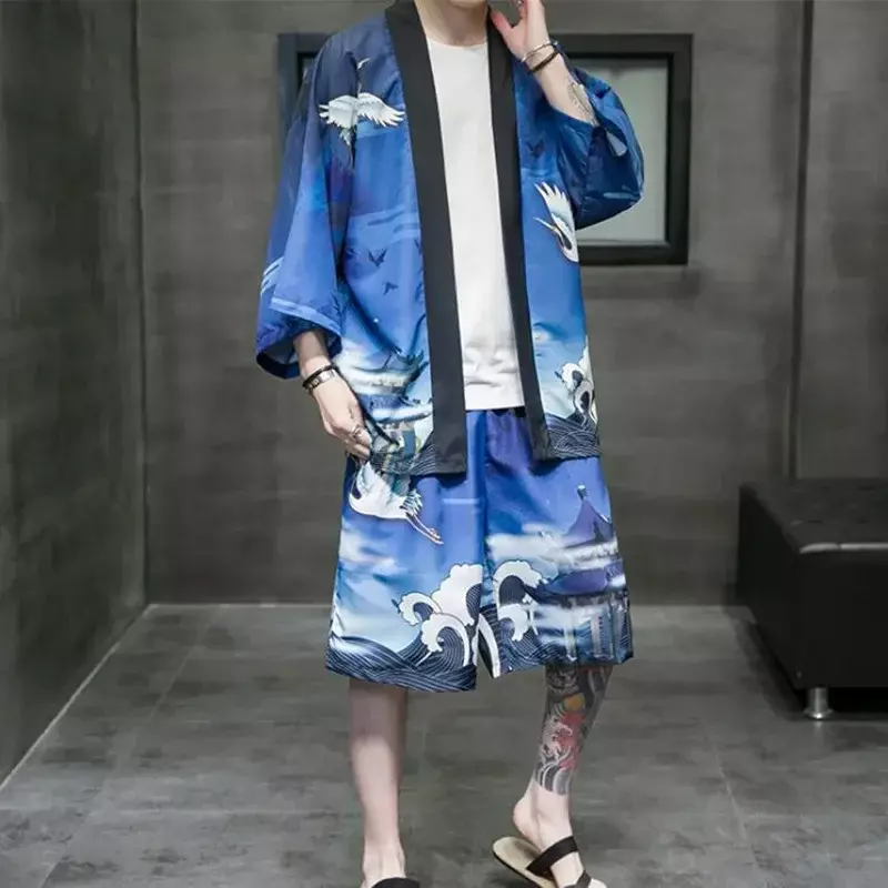 Kimono Setelan Kardigan Pria Jepang Celana Pendek Musim Panas Set Yukata Pria Haori Obi Jepang Gelombang Cetak Mantel Pakaian Tradisional Jepang