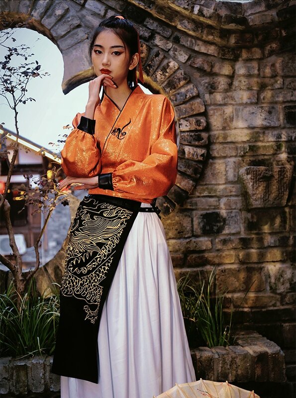 무료 디자인 호텔 유니폼, 오렌지 중국 전통 한푸 웨이터, 맞춤형 도매