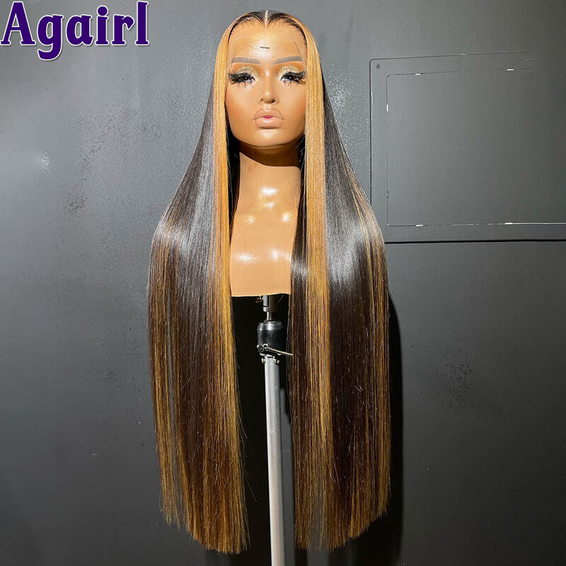 Perruque Lace Closure Wig naturelle lisse Sophia, cheveux blonds noirs, 1B/30, 13x6, pre-plucked, sans colle