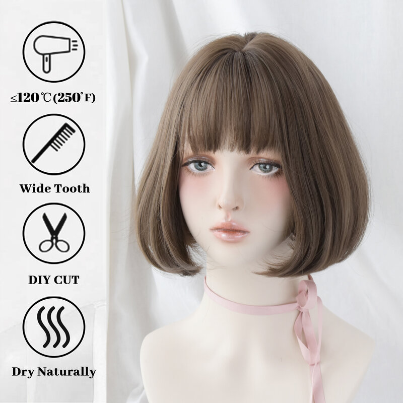 Linen Color Bob Short Straight Synthetic Wigs with Bangs Women Lolita Cosplay Matilda Natural Supple Daily Wear Hair Accessories