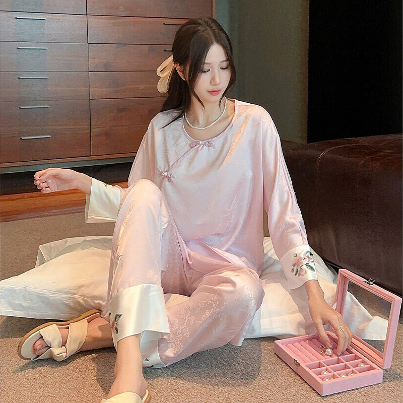 Новая весенне-осенняя пижама в китайском стиле с пряжкой, Женская Древняя модель, домашняя одежда из ледяного шелка, можно носить снаружи Xl