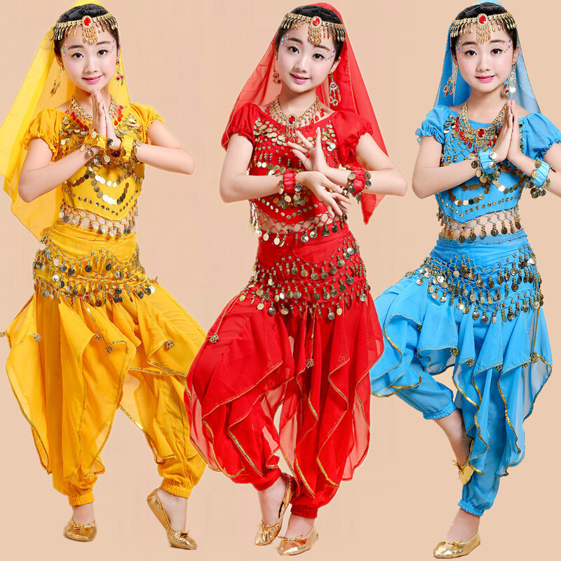 Kostum Tari Perut Anak Set Tari Oriental Gadis Tari Perut India Pakaian Tari Perut Anak Dewasa India 4 Warna
