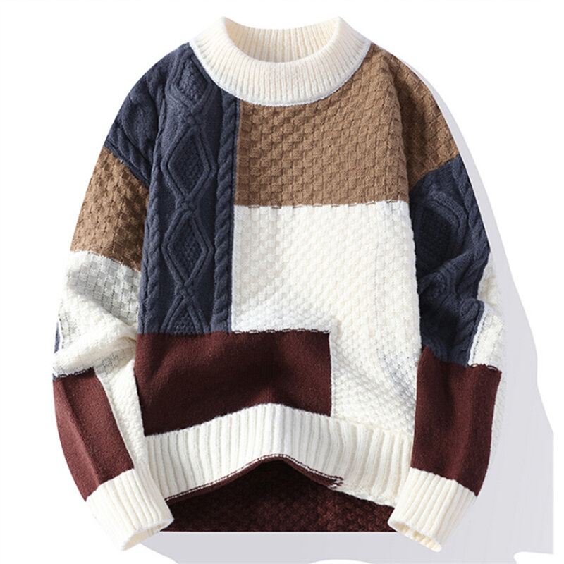 Pulôver casual com gola em o masculino, suéteres de malha vintage, retalhamento solto, primavera, outono