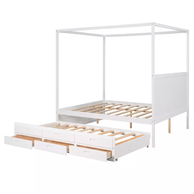 Queen Size Luifel Platform Bed Met Twin Size Onderstel En Drie Opbergladen, Wit