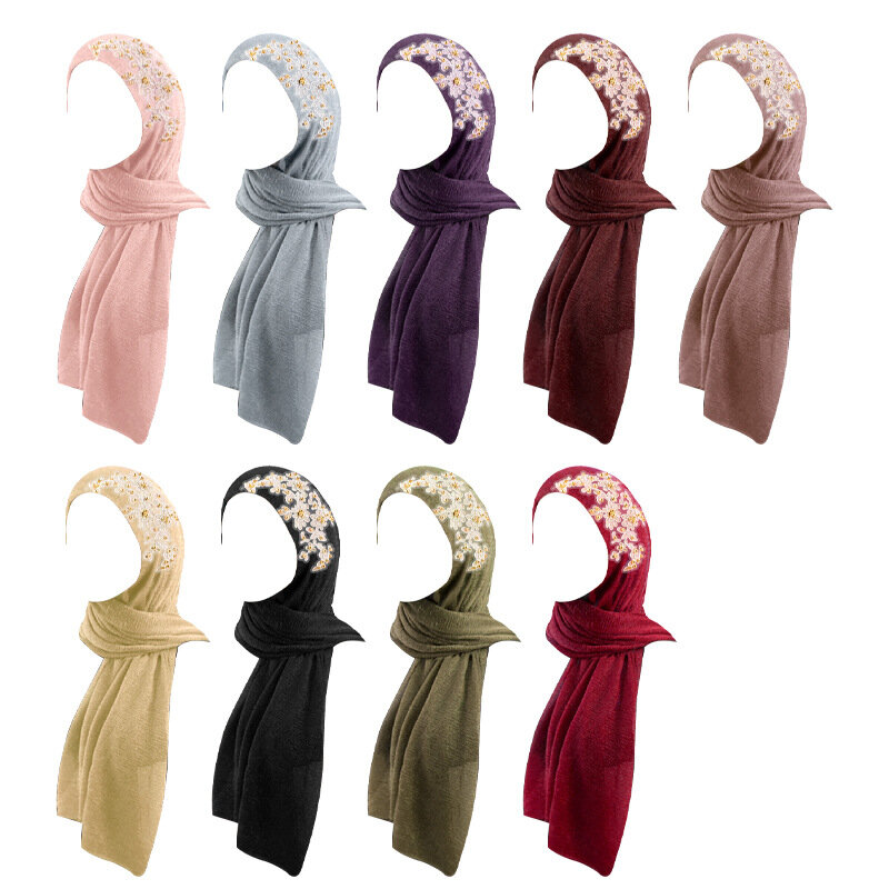 Glitter syal dan balut untuk wanita, selendang Hijab Muslim warna polos dengan Bandana, Bandana kerudung tipis lembut, manik-manik emas berkilau untuk wanita